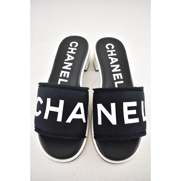 Chanel 24C Black White CHA NEL Letter Logo Mule Slide Block Heel Sandal 39.5 - Picture 9 of 15